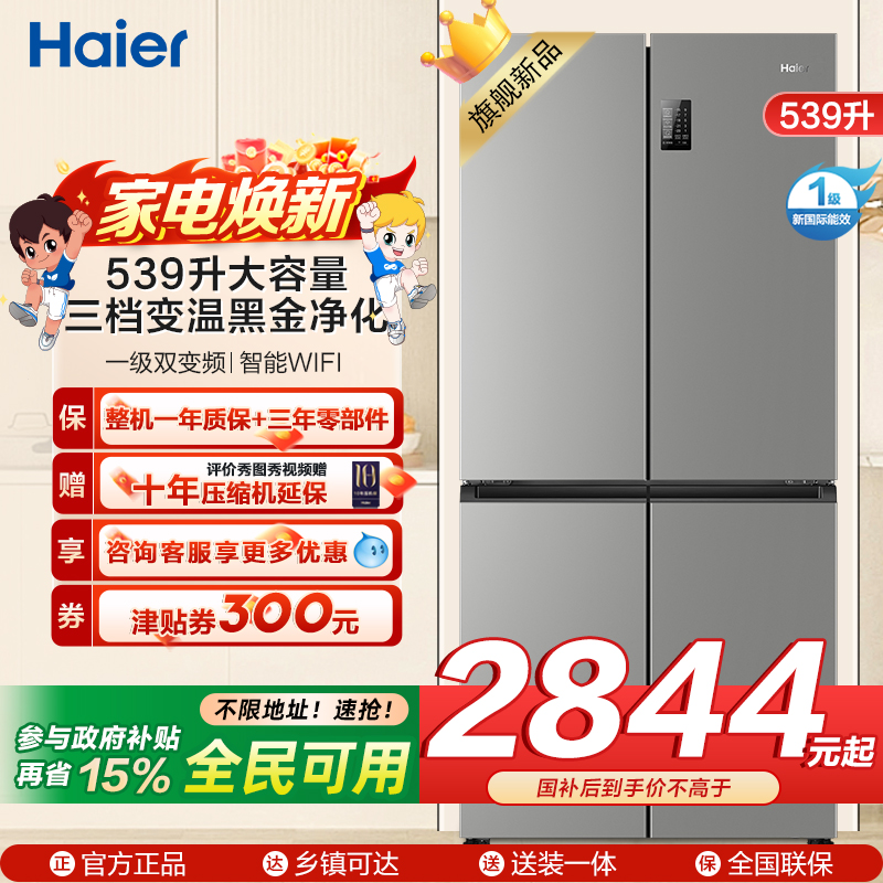 海尔(Haier)539L大容量三档变温黑金净化一级双变频WIFI智能联网旗舰新品 BCD-539WGHTDEDH9U1