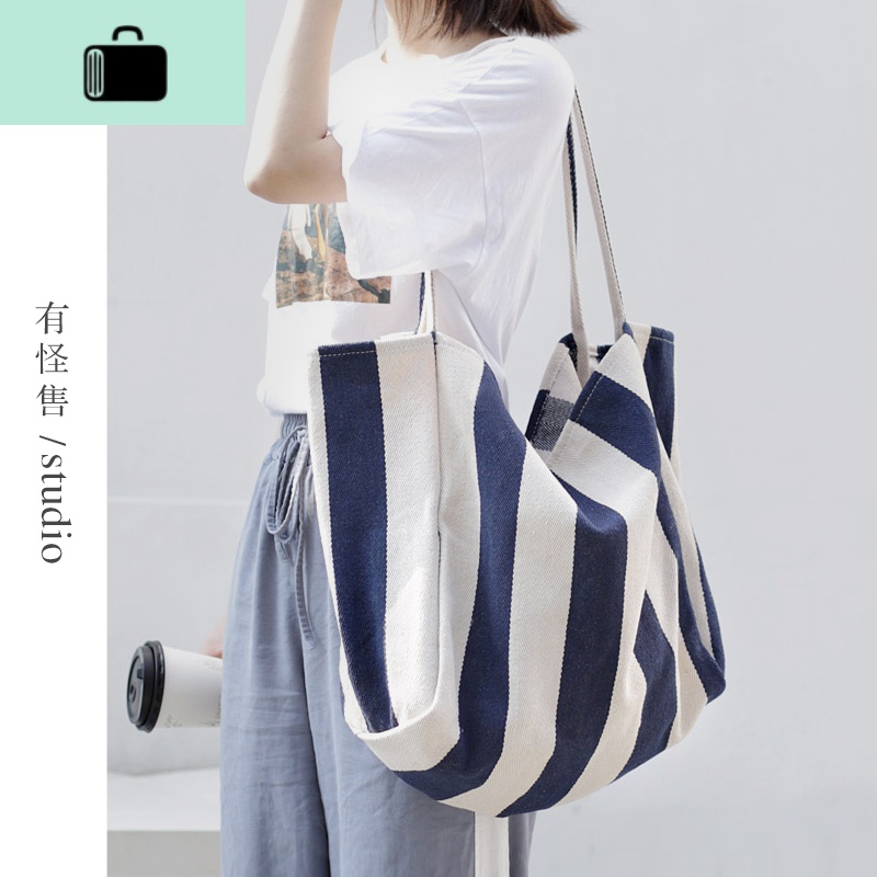 条纹帆布包女单肩日系慵懒风简约小清新韩版学生用大容量手提布袋NEW LAKE女士单肩包