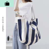 条纹帆布包女单肩日系慵懒风简约小清新韩版学生用大容量手提布袋NEW LAKE女士单肩包