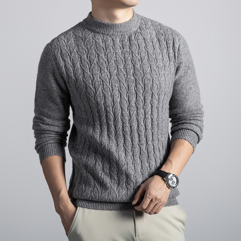 含羊毛老钱风毛衣男秋冬新款绞花半高领保暖男士羊毛衫