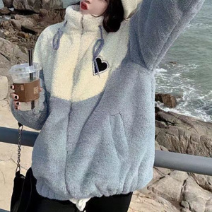 日系撞色拼接棉衣棉服慵懒风女冬季新款设计感宽松加绒加厚外套潮