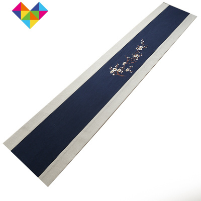 棉麻布刺绣桌旗茶席禅意中式茶旗茶垫布艺定做餐桌茶几桌布双色拼接中间藏青色(刺绣桌旗)30*260御蓝锦