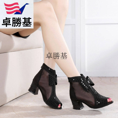 卓勝基春夏新款网纱凉鞋粗中跟鱼嘴鞋镂空短靴罗马凉靴网状大码女鞋黑色35