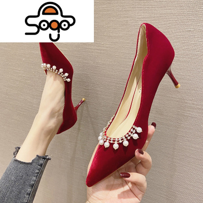 七色王国绒面秀禾服婚鞋2020年新款古风敬酒鞋红色高跟鞋女秋冬细跟新娘鞋休闲鞋