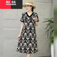 YIBUSHENG2024季新款V领琉璃印花减龄女裙子新中式遮肚子显瘦妈妈连衣裙