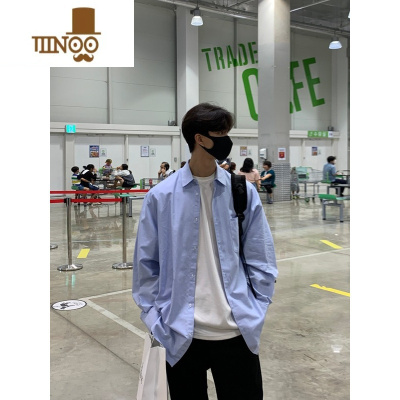 YANXU长袖天蓝色衬衫男女oversize宽松休闲上衣港风ins潮牌衬衣