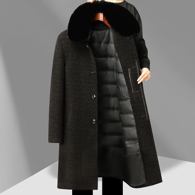 冬季新款长款毛领脱卸羽绒内胆老年毛呢大衣爸爸装雪尼尔羽绒外套