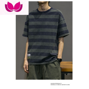 七斓2023新款男士短袖t恤圆领夏季体恤韩版潮流条纹潮牌宽松半袖