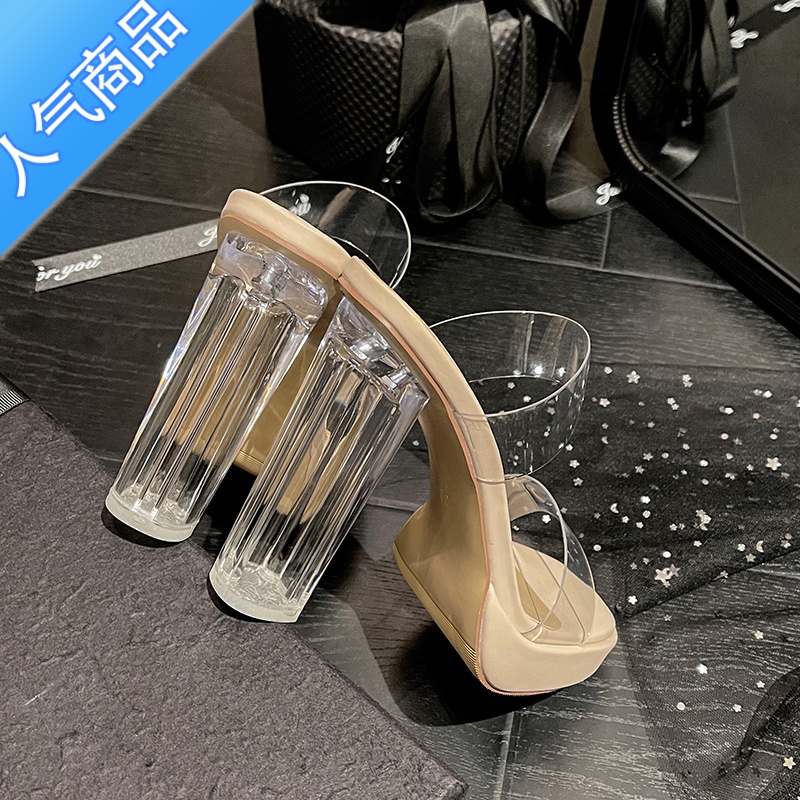 SUNTEK水晶玻璃透明高跟鞋女新款防水台粗跟气质名媛12M一字带外穿凉拖