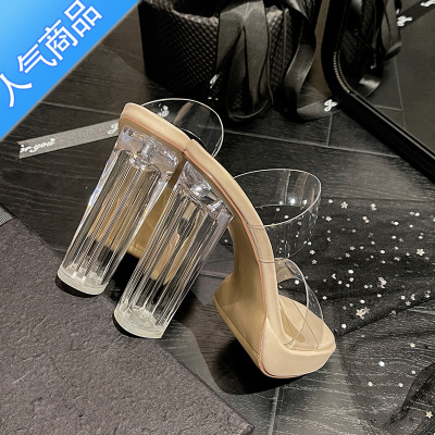 SUNTEK水晶玻璃透明高跟鞋女新款防水台粗跟气质名媛12M一字带外穿凉拖
