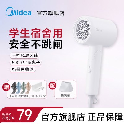美的(Midea)五千万负离子电吹风 学生吹风筒 折叠便携吹风机 800W宿舍可用 节日/生日礼物 FZ105