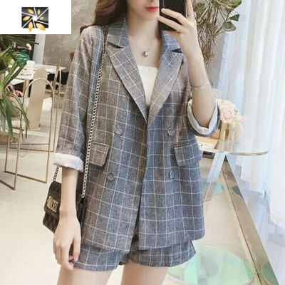 暖青汇大码女装夏季新款遮肚小西装心机套装女胖妹妹洋气减龄显瘦两件套大码女装