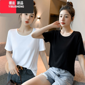 YIBUSHENG季新款螺纹莫代尔260克宽松短袖t恤女2024韩版显瘦冰丝纯色上衣