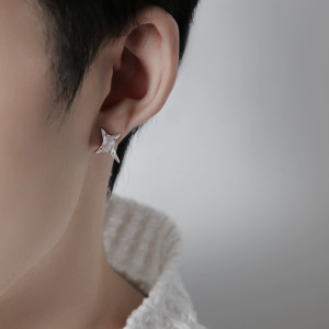 黑白锆石不规则四芒星S925纯银耳钉男冷淡风时尚简约气质情侣耳饰送女朋友老婆情人节七夕生日礼物