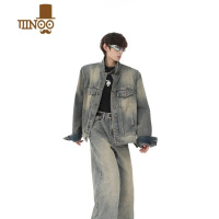 YANXU小众复古水洗垫肩牛仔外套男废土风设计感垫肩夹克上衣休闲裤套装