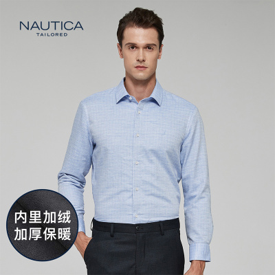 诺帝卡/NAUTICATAILORED衬衫男士加绒亚麻格纹上班商务正装长袖衬衫