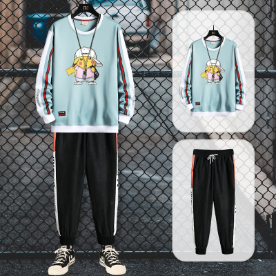 狮臣SHICHEN2020年秋季新款男士休闲运动套装休闲款卫衣套装男卫衣套装男圆领套头运动卫衣套装男装TZ2737湖蓝色M