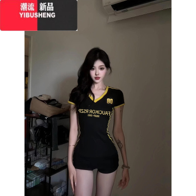 YIBUSHENG美式撞色V领正肩短袖t恤女季修身收腰显瘦辣妹短款紧身插肩上衣