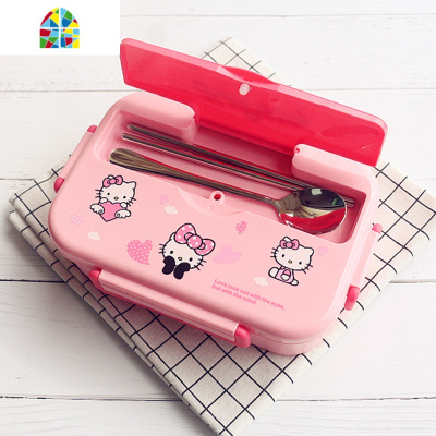 分隔三格食堂304不锈钢打饭盒可爱女小学生专用儿童防烫便当餐盒 FENGHOU [2格款]kitty+餐具+KT袋