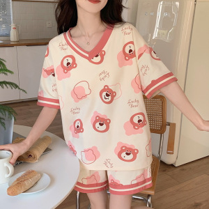 带胸垫短袖短裤睡衣女款夏季薄款甜美可爱卡通可外穿家居服两件套