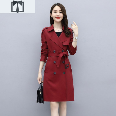 SUNTEK红色风衣女中长款2020今年秋装新款英伦风气质流行小个子大衣外套风衣