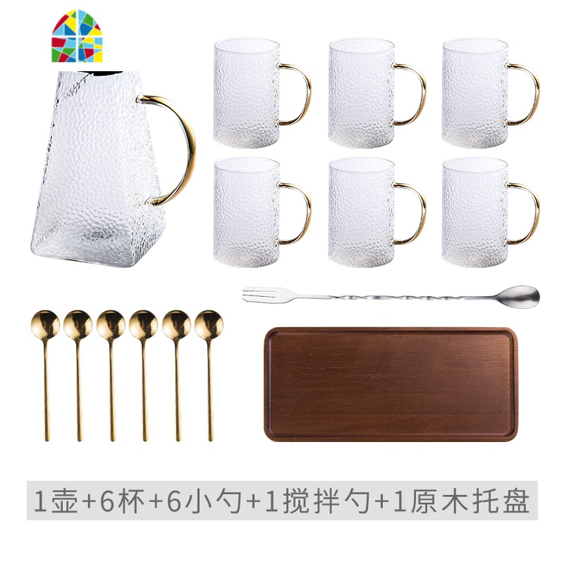 耐热日式创意金边玻璃壶泡茶壶冷水壶家用大容量透明玻璃花茶壶 FENGHOU 锤纹一壶6杯6勺++杯架+托盘凉水壶
