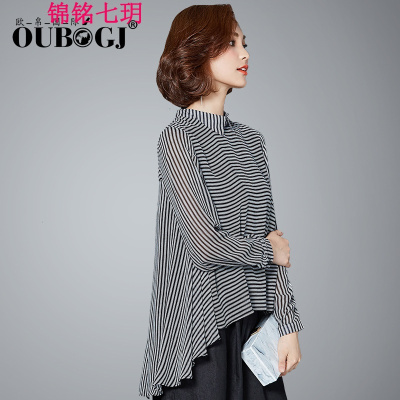 锦铭七玥雪纺衫女长袖2018春装新款条纹娃娃领休闲宽松雪纺上衣