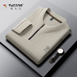 啄木鸟男士长袖T恤春秋季新款半拉链立领中年商务卫衣休闲打底衫