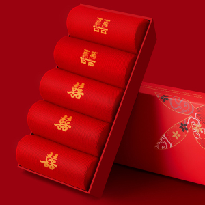 花花公子情侣本命年兔年结婚新款红袜子男女中筒袜子礼盒新年礼物大红色棉袜 【双喜】(男)3双+(女)2双 均码