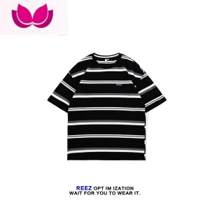 七斓REEZ[店主穿搭]日系条纹短袖T恤男夏季潮牌情侣五分袖体恤宽松