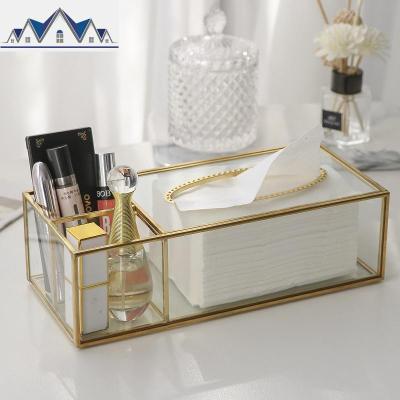 北欧轻奢铜玻璃创意客厅纸巾盒 遥控器化妆品收纳简约家用ins风 三维工匠收纳盒