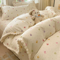 卡通风全棉双层纱四件套纯棉少女心毛球边被套学生宿舍床品三件套