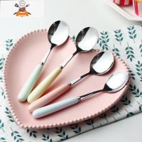 加厚不锈钢陶瓷柄马卡龙汤勺创意勺子家用可爱长柄调羹吃饭勺汤匙 敬平 马卡龙 1尖+1圆(2支装)