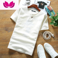 七斓夏季休闲亚麻短袖衬衫男士无领套头棉麻衬衣透气薄款麻布半袖上衣