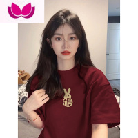 七斓酒红色短袖t恤女夏季设计感小众宽松印花半袖正肩上衣服潮ins