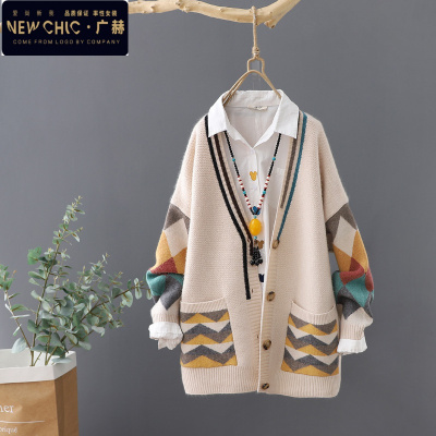 广赫秋冬新款拼色长袖V领针织开衫女慵懒风加厚外套毛衣宽松上衣女装夹克