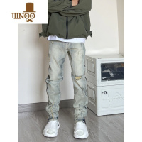 YANXU美式侧边拉链黄泥牛仔裤男vibe高街直筒复古破洞设计感做旧长裤潮