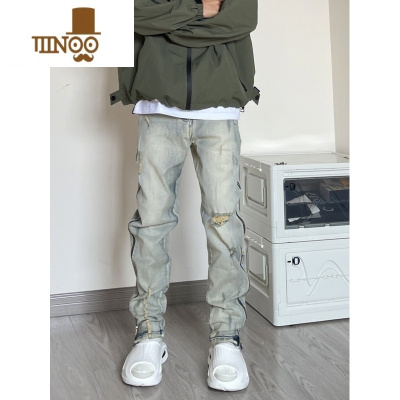 YANXU美式侧边拉链黄泥牛仔裤男vibe高街直筒复古破洞设计感做旧长裤潮