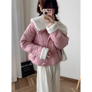今年流行冬新款法式娃娃领撞色时尚拼接盘扣短款棉服长袖外套