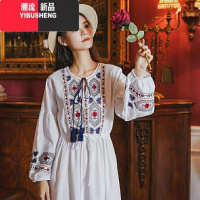 YIBUSHENG春季民族风长裙刺绣棉麻白裙西藏云南度假出游连衣裙仙旅行女装