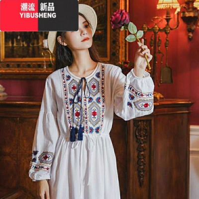 YIBUSHENG春季民族风长裙刺绣棉麻白裙西藏云南度假出游连衣裙仙旅行女装