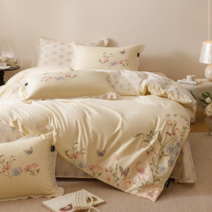 轻奢刺绣款四件套纯棉斜纹小清新印花床单床笠款床上用品套件