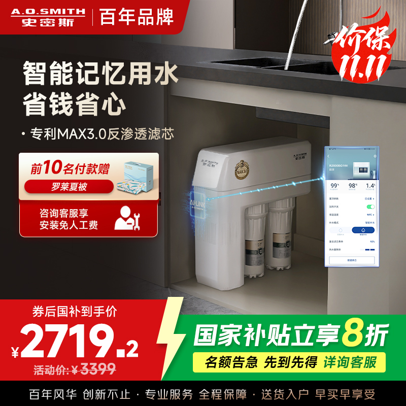 史密斯净水器家用整机保5年 3:1高水效专利MAX3.0反渗透滤芯1.6升/分钟厨下式直饮净水机R1600HWi-E