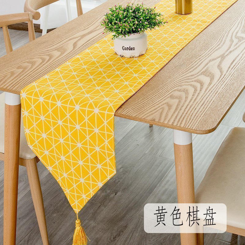 北欧桌旗 棉麻家用桌布电视柜长桌旗欧式茶几现代简约轻奢床旗 黄色棋盘 30*100cm(适合60cm左右小桌或柜子)