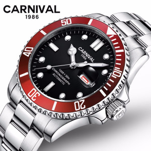 正品嘉年华Carnival手表新款男士全自动机械表 男表休闲双日历夜光水鬼表三锁扣上链表冠商务防水两不误腕表756