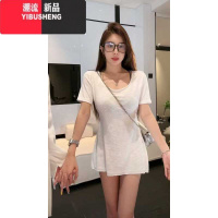 YIBUSHENG大码灰色U领正肩短袖T恤女季胖MM设计感别致中长款甜辣妹上衣