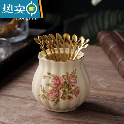 敬平欧式水果叉套装创意可爱家用客厅勺子不锈钢叉子水果叉欧式小奢华 金玫瑰南瓜罐+8个树叶果叉牙签