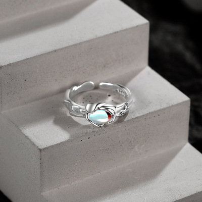 小众设计s925纯银戒指月光石镶嵌简约ins冷淡风开口可调节食指戒送女朋友老婆情人节七夕生日礼物
