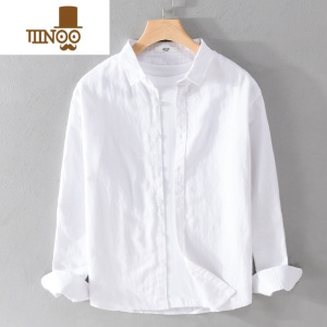 YANXU日系休闲棉麻衬衫透气深蓝色文艺简约百搭男长袖亚麻薄款宽松上衣