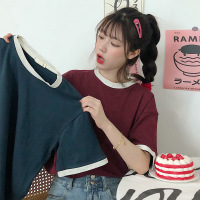 插色短袖T恤女夏季宽松打底衫女休闲情侣上衣女撞色 韩国女装